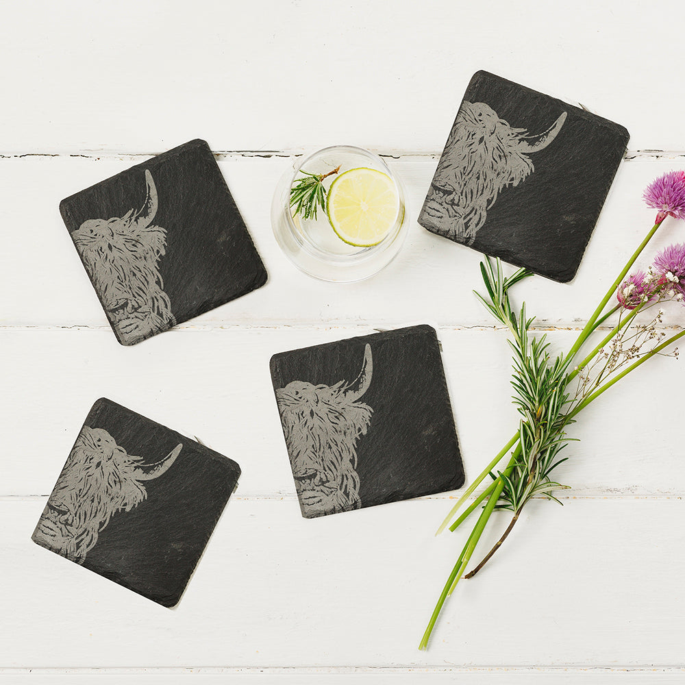 4 Slate Coasters - Highland Cow