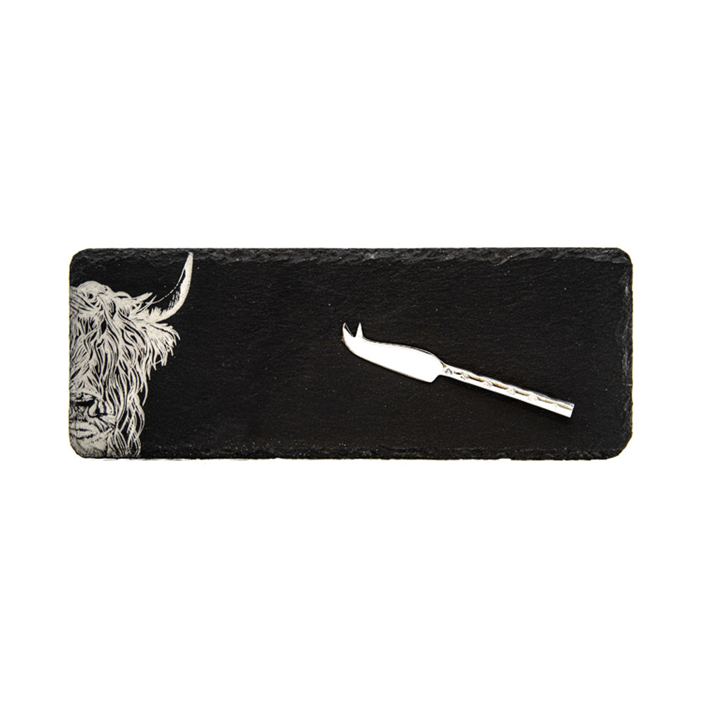 Single Mini Slate Cheese Board & Knife Set - Highland Cow
