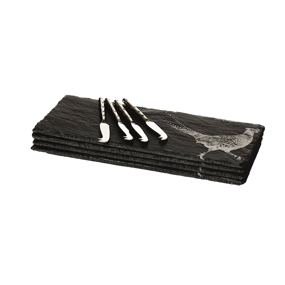 4 Mini Slate Cheese Board & Knife Sets - Pheasant