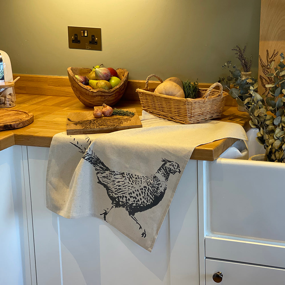 Linen Tea Towel - Pheasant Side Profile