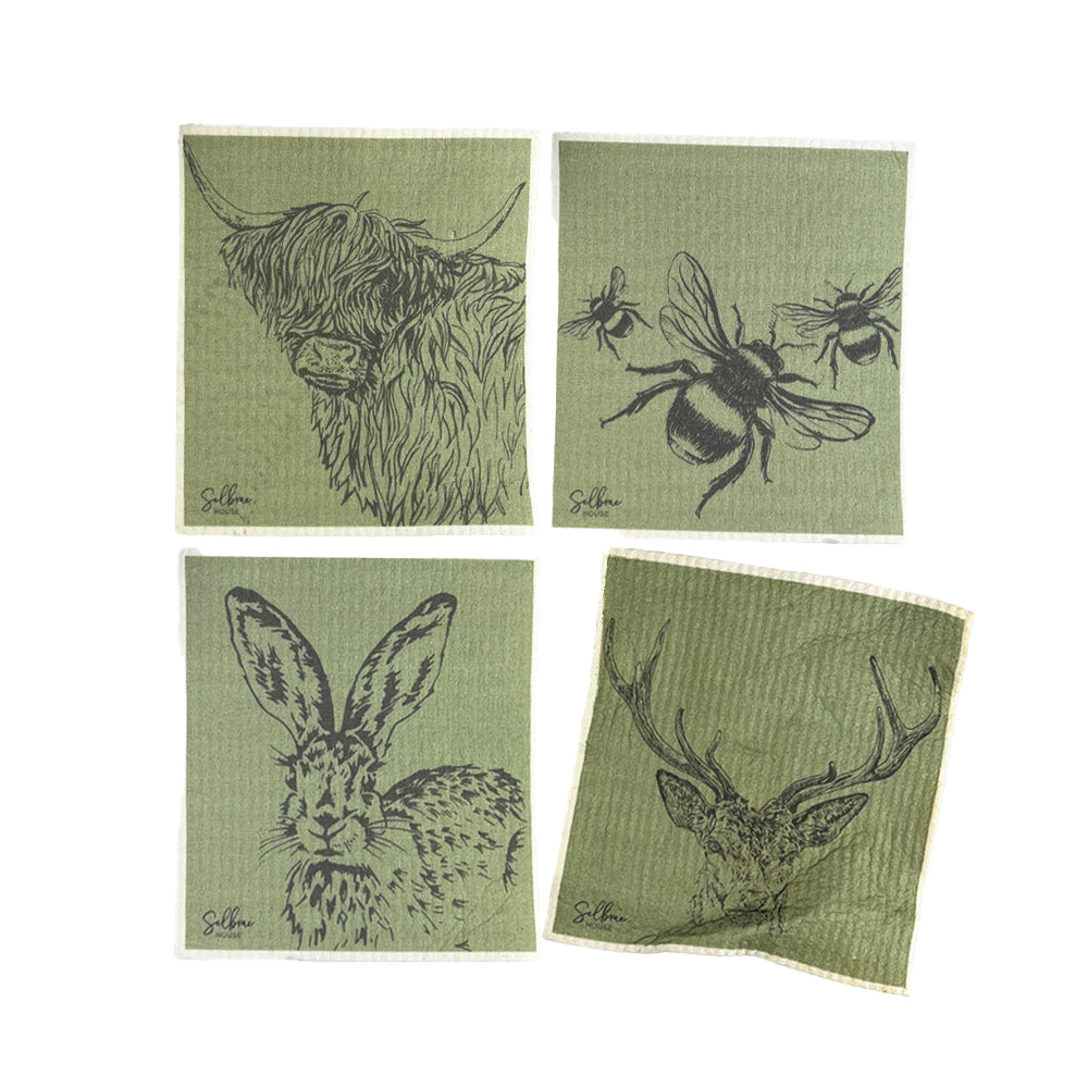 4 Swedish Dishcloths - Country Animals
