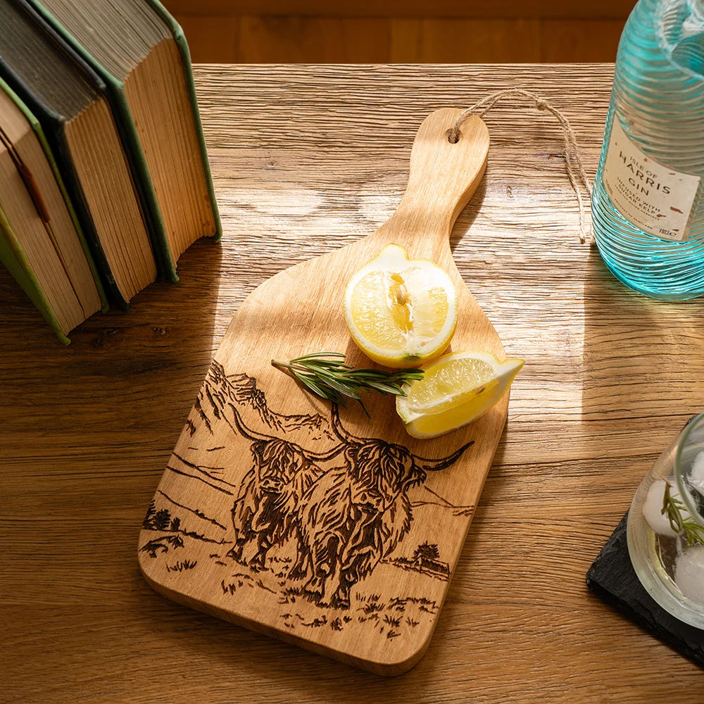 Oak Hanging Paddle  - Small - Scenic Highland Cow