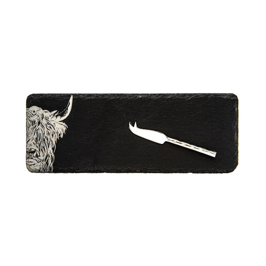 Single Mini Slate Cheese Board & Knife Set - Highland Cow