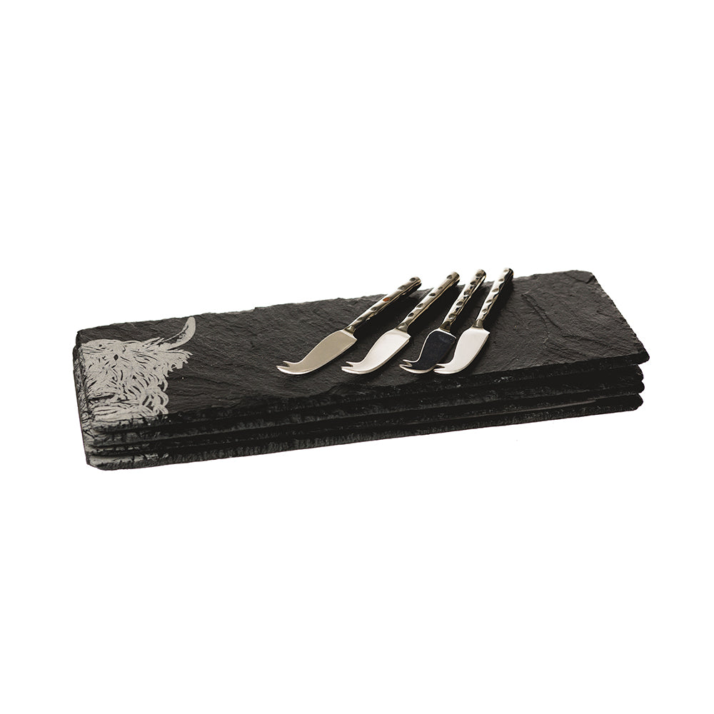 4 Mini Slate Cheese Board & Knife Sets - Highland Cow