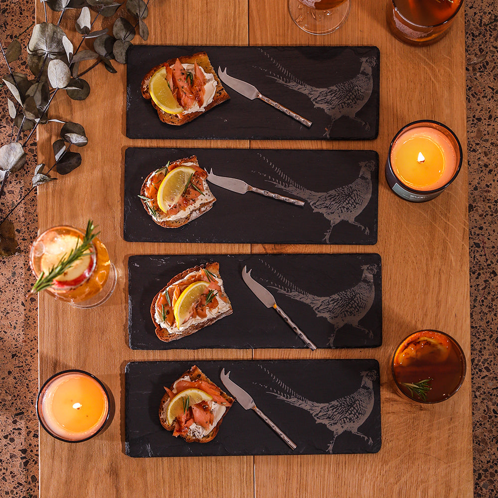 4 Mini Slate Cheese Board & Knife Sets - Pheasant