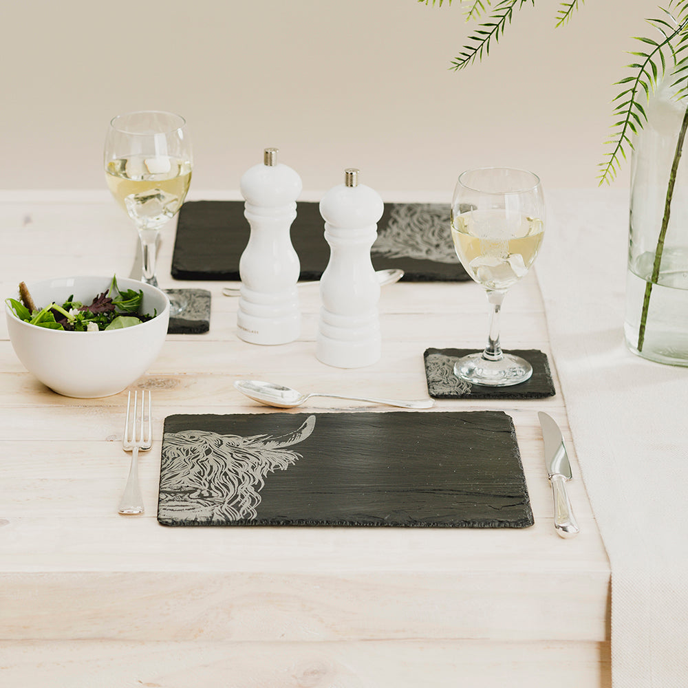 Slate Coaster & Place Mat Set - Highland Cow