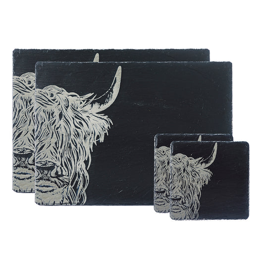 Slate Coaster & Place Mat Set - Highland Cow