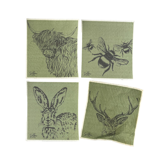 4 Swedish Dishcloths - Country Animals